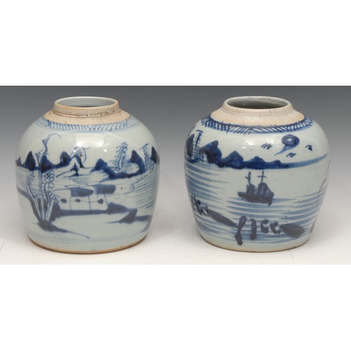 3037 - A Chinese ovoid ginger jar, painted in tones of underglaze blue with a landscape, 17cm high; another... 
