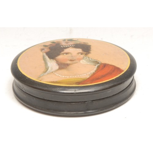 3573 - A 19th century French papier mache waisted circular snuff box, the push-fitting cover painted with a... 