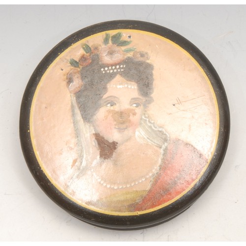 3573 - A 19th century French papier mache waisted circular snuff box, the push-fitting cover painted with a... 