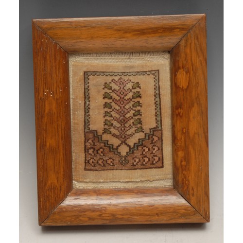 3483 - Textiles - a Middle Eastern Islamic miniature prayer rug, 11cm x 8cm, oak frame