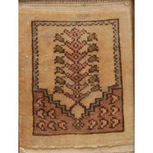 3483 - Textiles - a Middle Eastern Islamic miniature prayer rug, 11cm x 8cm, oak frame