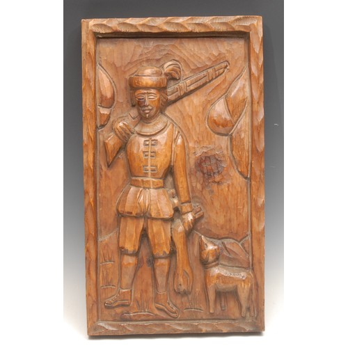 3393 - Folk Art - a softwood rectangular panel, carved in relief with a sportsman and his dog, he stands, h... 