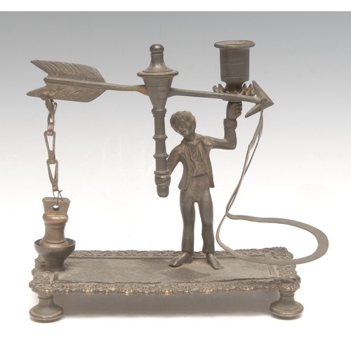 3342 - An unusual Regency dark patinated bronze figural combination letter balance and desk top taper stick... 