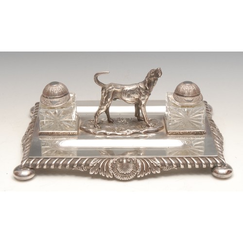 3489 - The Hunt - an early 20th century silver plated desk stand, by H.E.T & Co, Sheffield, the cut glass i... 