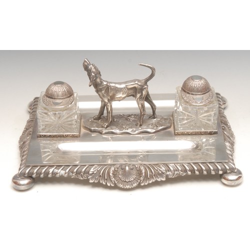 3489 - The Hunt - an early 20th century silver plated desk stand, by H.E.T & Co, Sheffield, the cut glass i... 