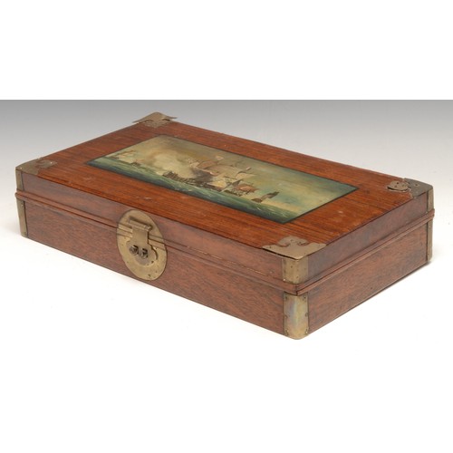 3032 - A Chinese hardwood rectangular box, hinged cover painted with a naval battle, brass mounts, 35cm wid... 