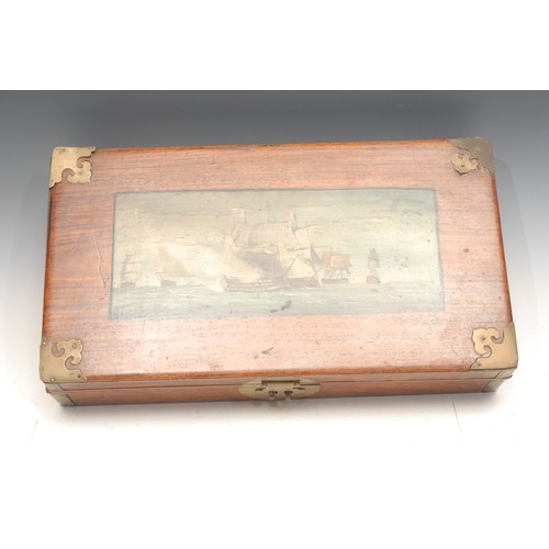 3032 - A Chinese hardwood rectangular box, hinged cover painted with a naval battle, brass mounts, 35cm wid... 