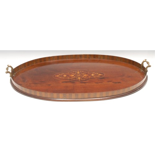 3201 - A Sheraton Revival mahogany and marquetry oval gallery tray, banded border, brass carrying handles, ... 