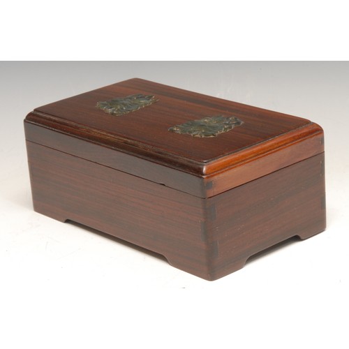3035 - A Chinese jade mounted hardwood rectangular box and cover, bracket feet, 17cm wide