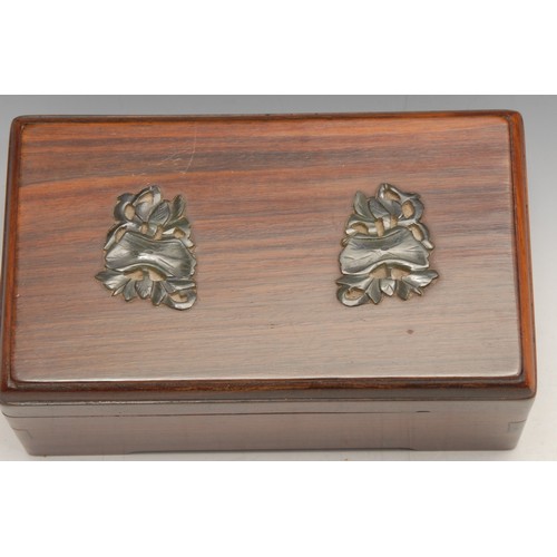 3035 - A Chinese jade mounted hardwood rectangular box and cover, bracket feet, 17cm wide