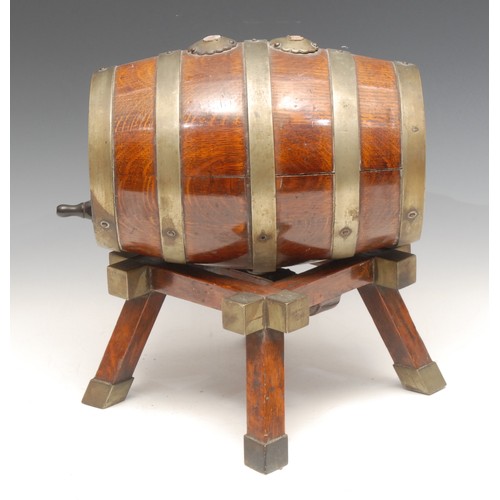 3106 - A late Victorian/Edwardian oak coopered spirit table top barrel on stand, 27cm high, c.1900