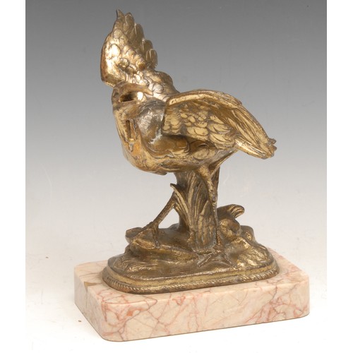 3289 - An early 20th century gilt spelter novelty pocket watch stand, as a crane or ho-ho bird, rounded rec... 