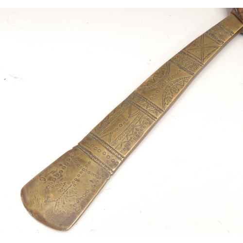 3512 - Tribal Art - an African axe, brass blade chased with geometric motifs, leather bound haft, 46cm long... 