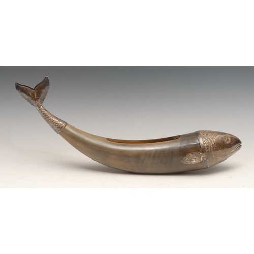 3113 - A Middle Eastern silver coloured metal mounted novelty vase or rose bowl, as a fish, 41cm long