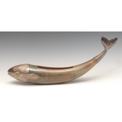 3113 - A Middle Eastern silver coloured metal mounted novelty vase or rose bowl, as a fish, 41cm long