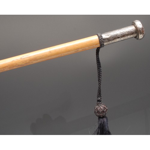 3703 - A 19th century silver coloured metal mounted walking stick, domed pommel, malacca cane, 93cm long