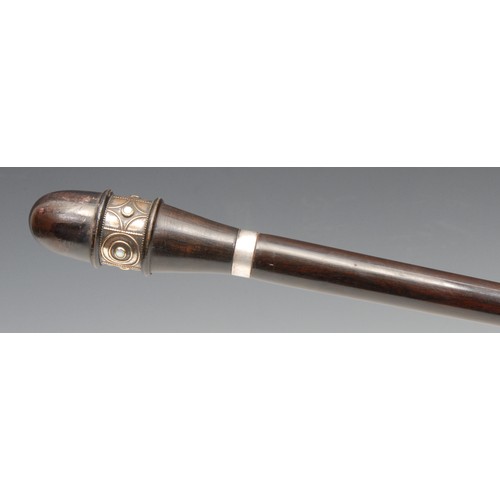 3704 - A Continental walking stick, probably Austrian, the domed pommel with a silver coloured metal band s... 