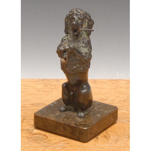 3280 - An early 20th century dark patinated spelter novelty pocket watch stand, as a poodle, begging, marbl... 