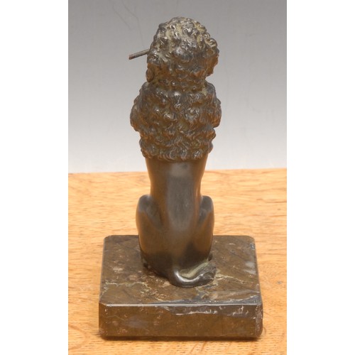 3280 - An early 20th century dark patinated spelter novelty pocket watch stand, as a poodle, begging, marbl... 