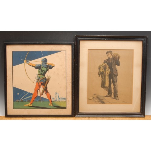 4017 - Herbert Oakes Jones, after, Medieval Archer and World War I Artillery, colour lithograph, 36cm x 33.... 