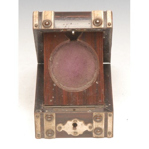 3562 - A 19th century faux rosewood pocket watch box and stand, hinged domed cover, 11cm long, c.1870