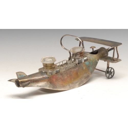 3281 - An early 20th century E.P.N.S novelty inkstand or cruet, as a bi-plane, 32cm long