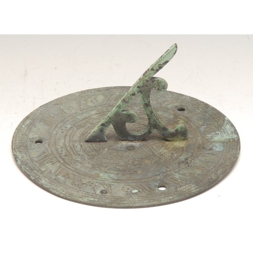 3212 - A verdigris patinated brass circular sundial, 15cm diam