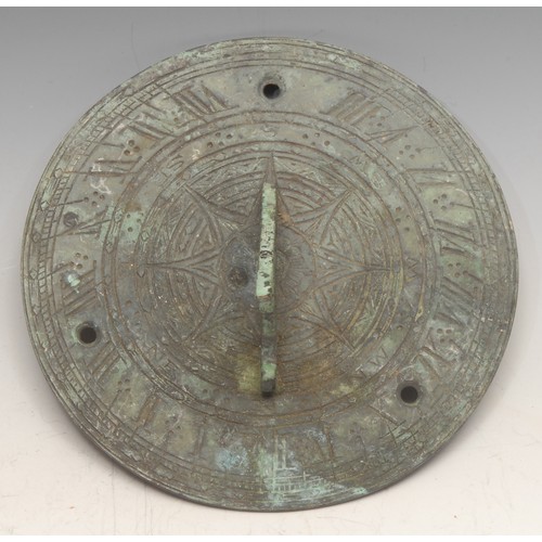 3212 - A verdigris patinated brass circular sundial, 15cm diam