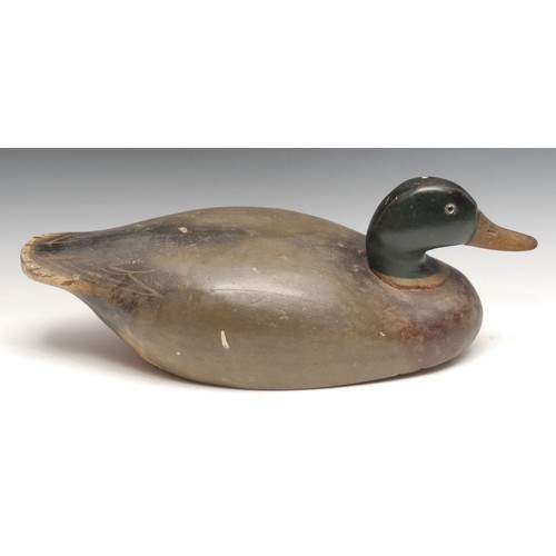 3616 - A painted oversized softwood decoy duck, impressed mark to base, Wildfowler Decoy Factory, Old Saybr... 