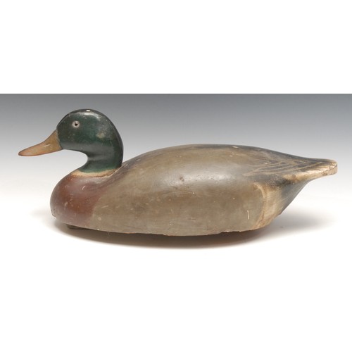 3616 - A painted oversized softwood decoy duck, impressed mark to base, Wildfowler Decoy Factory, Old Saybr... 