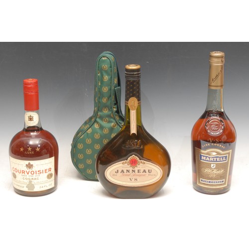 3735 - A bottle of Janneau Armagnac, soft case; a bottle of Courvoisier Cognac; a bottle of Martell Fine Co... 