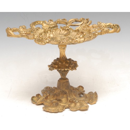 3064 - A French ormolu tazza, pierced and cast with leafy scrolls and fruiting vine, 18cm wide, early 20th ... 