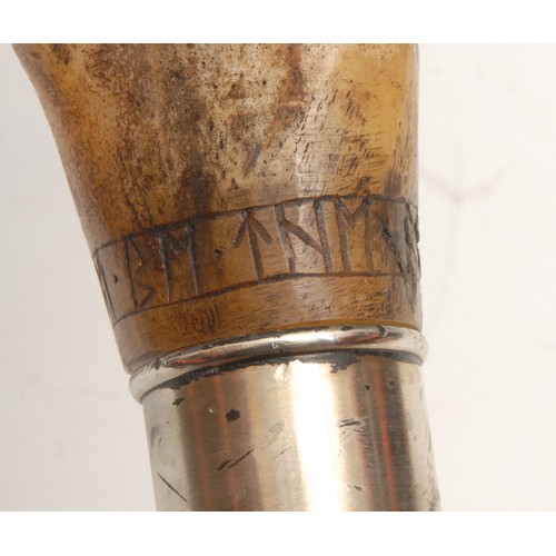 3710 - Mysticism & The Occult - a walking stick, the handle a mounted section of bone scrimshaw engraved wi... 