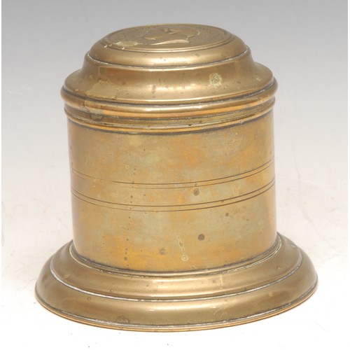 3477 - Royalty - a 19th century brass cylindrical box, the push-fitting cover with a portrait roundel, H.R.... 