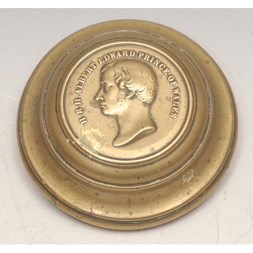 3477 - Royalty - a 19th century brass cylindrical box, the push-fitting cover with a portrait roundel, H.R.... 