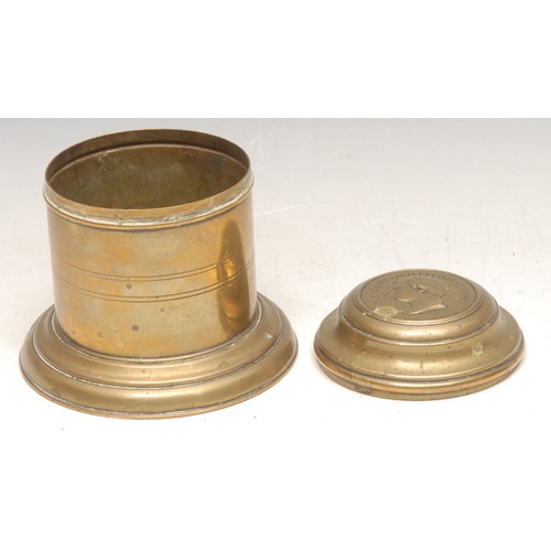 3477 - Royalty - a 19th century brass cylindrical box, the push-fitting cover with a portrait roundel, H.R.... 