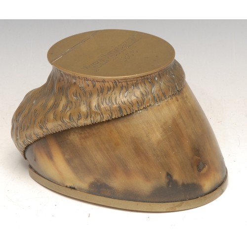 3419 - Horse Racing - a Victorian taxidermy thoroughbred horse hoof inkwell, the hinged cover inscribed Duk... 