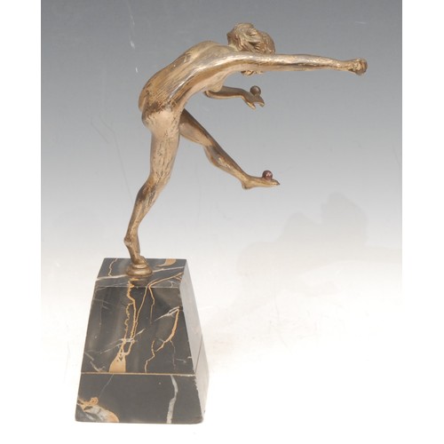 3237 - After Claire Colinet (1885-1972), an Art Deco bronze , The Juggler, mounted on a two-tier marble bas... 