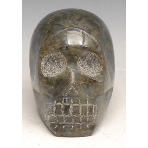 3455 - Memento Mori - a labradorite skull carving, 9.5cm high