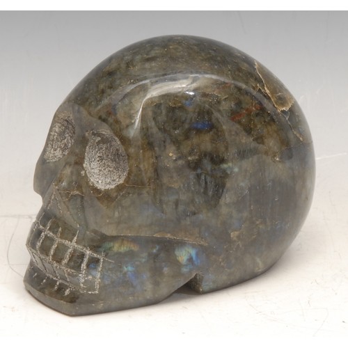 3455 - Memento Mori - a labradorite skull carving, 9.5cm high