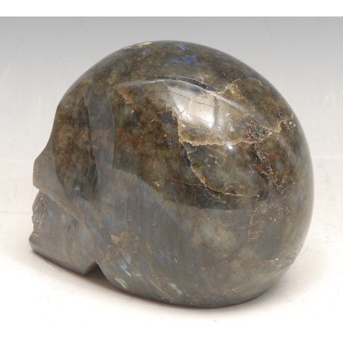 3455 - Memento Mori - a labradorite skull carving, 9.5cm high