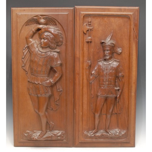 3694 - French School (19th century), a pair of walnut panels, carved in relief, of a falconer and a Renaiss... 