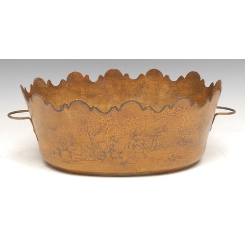 3574 - A 19th century French toleware oval monteith, decorated with a hunting scene, to verso with figures ... 