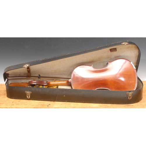 3727 - A violin, the one piece back 35.5cm long excluding button, paper label printed Celebre Vosgien, ebon... 