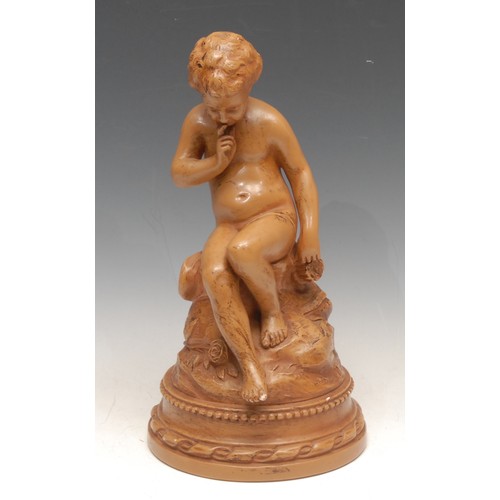 3100 - A late 19th century Belgian terracotta figure of a seated infant, 28.5cm high; a French two-handled ... 