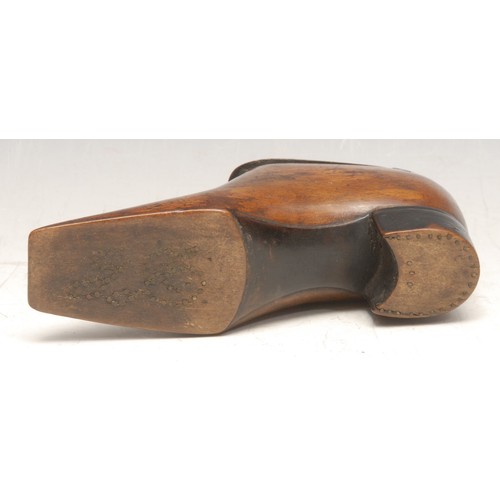 3095 - A large George IV mahogany novelty table snuff box, as a shoe, hinged cover, the sole dated in brass... 