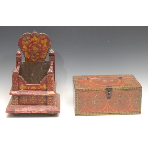 3693 - Folk Art - An early 19th century Scandinavian money box, painted with floral patterns, 11cm x 25cm x... 