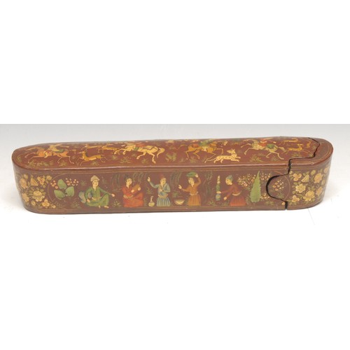 3092 - A large 19th century Persian papier mache and lacquer qalamdan pen box, decorated in polychrome with... 