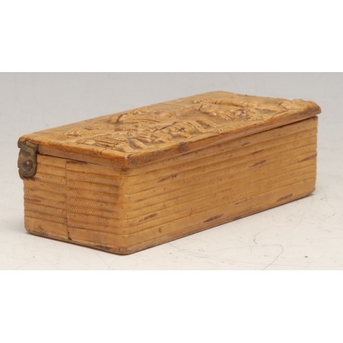 3002 - A 19th century Tyrolean pressed birch rectangular snuff box, the hinged cover with a tavern scene, Z... 