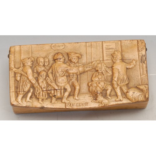3002 - A 19th century Tyrolean pressed birch rectangular snuff box, the hinged cover with a tavern scene, Z... 
